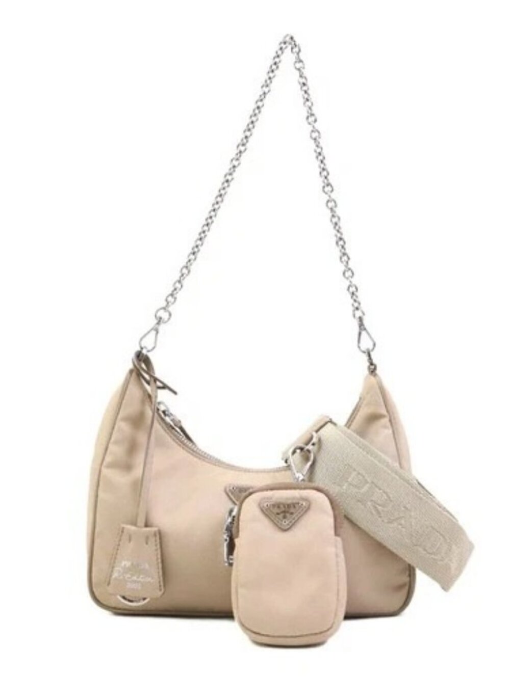 Auth PRADA Re-Edition 2005 2-Way Shoulder Bag Beige/Silver Nylon/Metal - e61982a